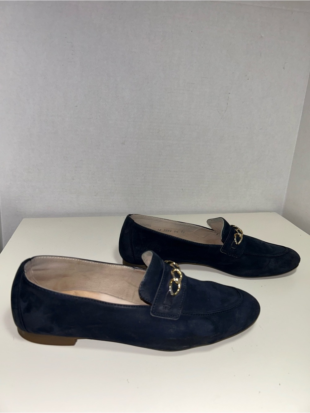 Paul Green Newcastle Navy Blue Nubuck Gold Chain Slip On Flat Loafer